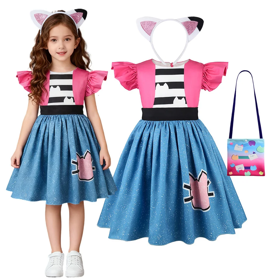 

Girls Dollhouse Theme Dress Cat Print Ruffle Hem Party Wear Long Sleeve Outfit Cute Blue And Pink Dress for Birthday Holiday