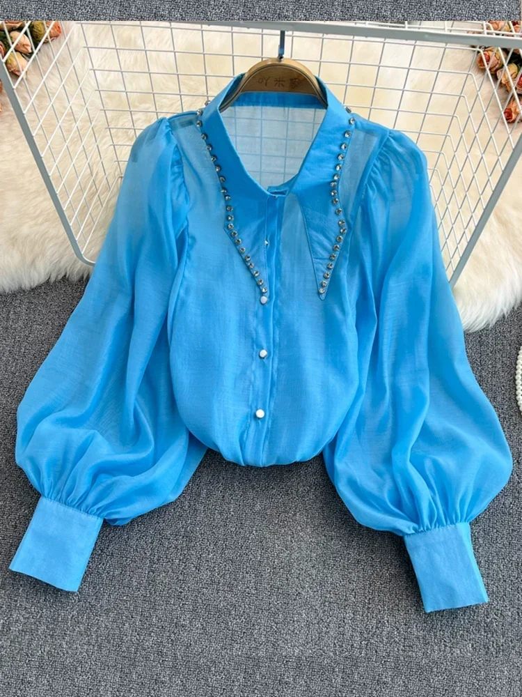 

Spring Temperament New Blouse Female Beaded Diamonds Lantern Sleeve Single-breasted Fashion All-match Lapel Shirt C428