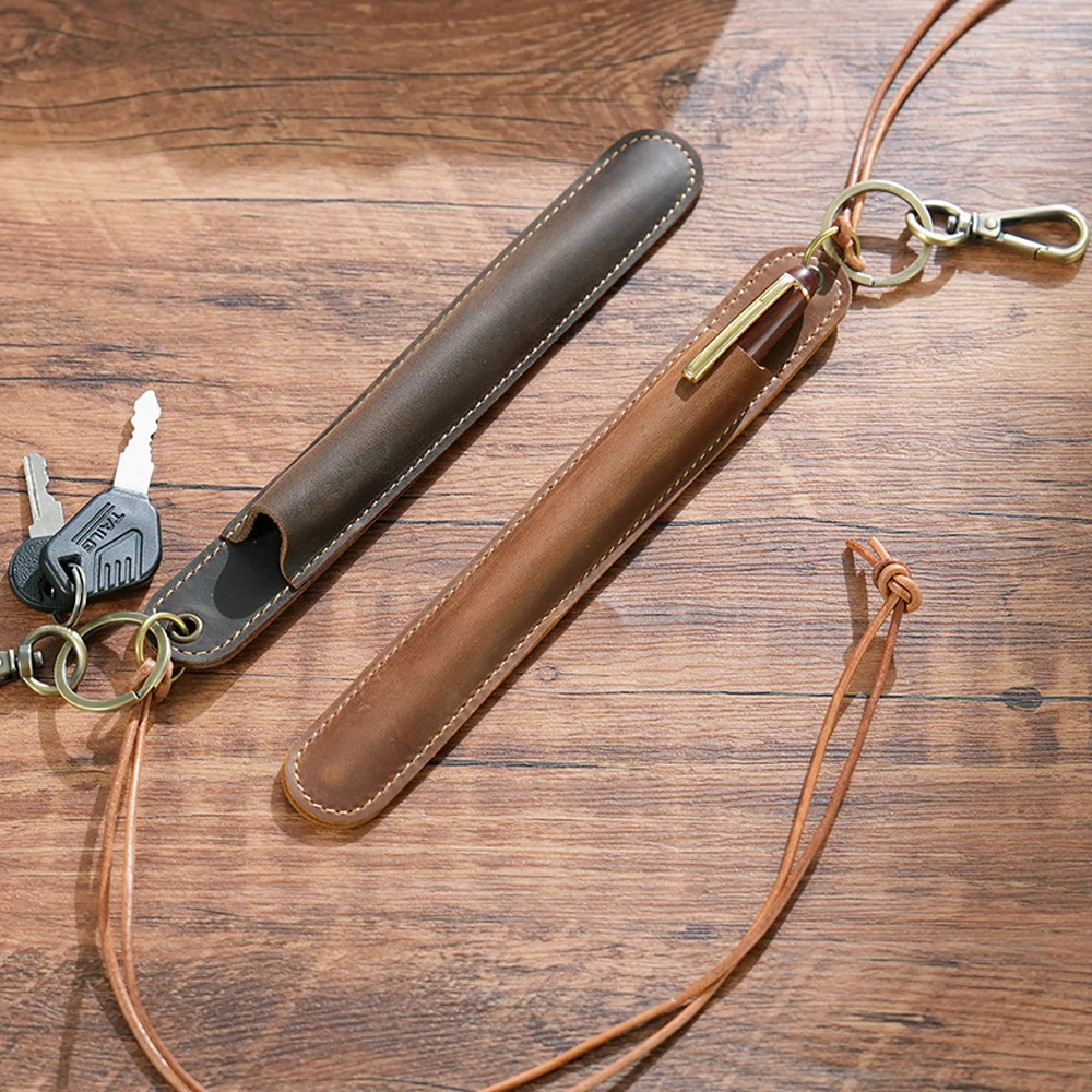Vintage Leather Pencilcase Pen Pouch Case Protector Sleeves with Keychain & Detachable Neck Strap