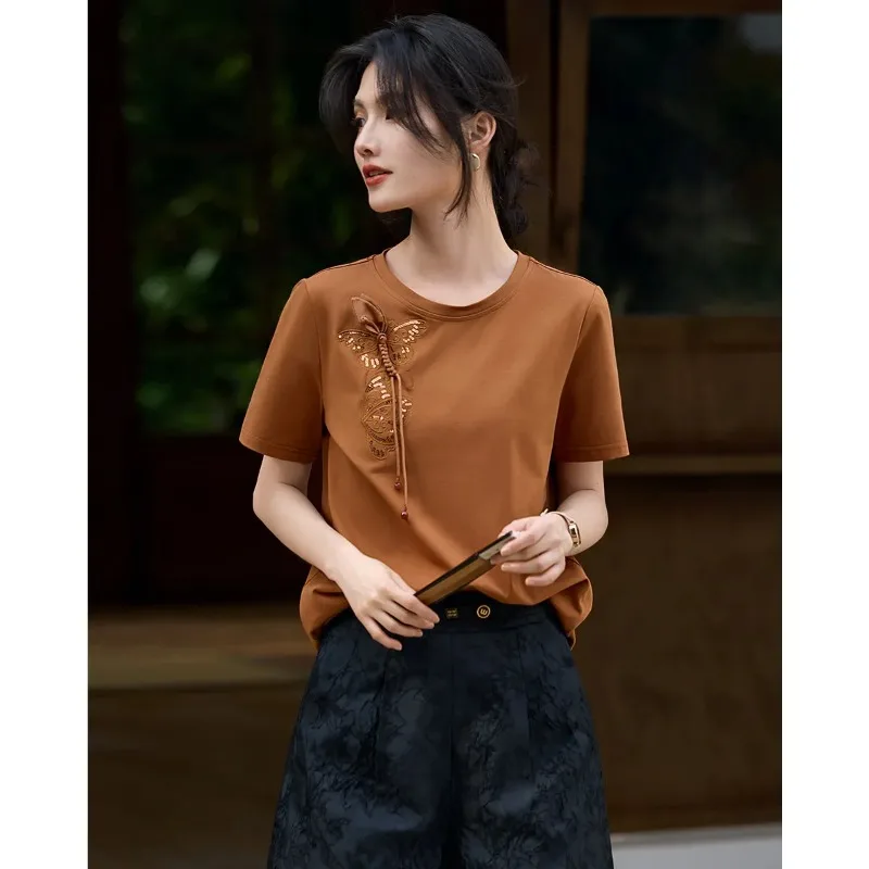 

Women's Brown T-Shirt with Butterfly Embroidery and Frog Button Detail Casual Short Sleeve Top