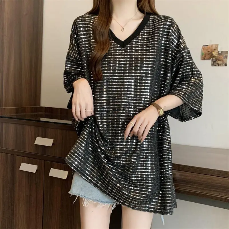 

Loose Slimming Mid Length V-neck Shoulder Thin Casual Versatile Short Sleeved Top