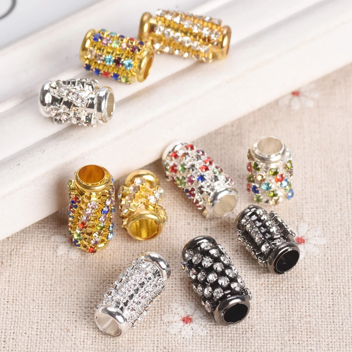 5pcs 15x8mm 20x10mm Cylinder Tube Copper Metal Crystal Glass Rhinestones Loose Big Hole Beads for Jewelry Making DIY Bracelet
