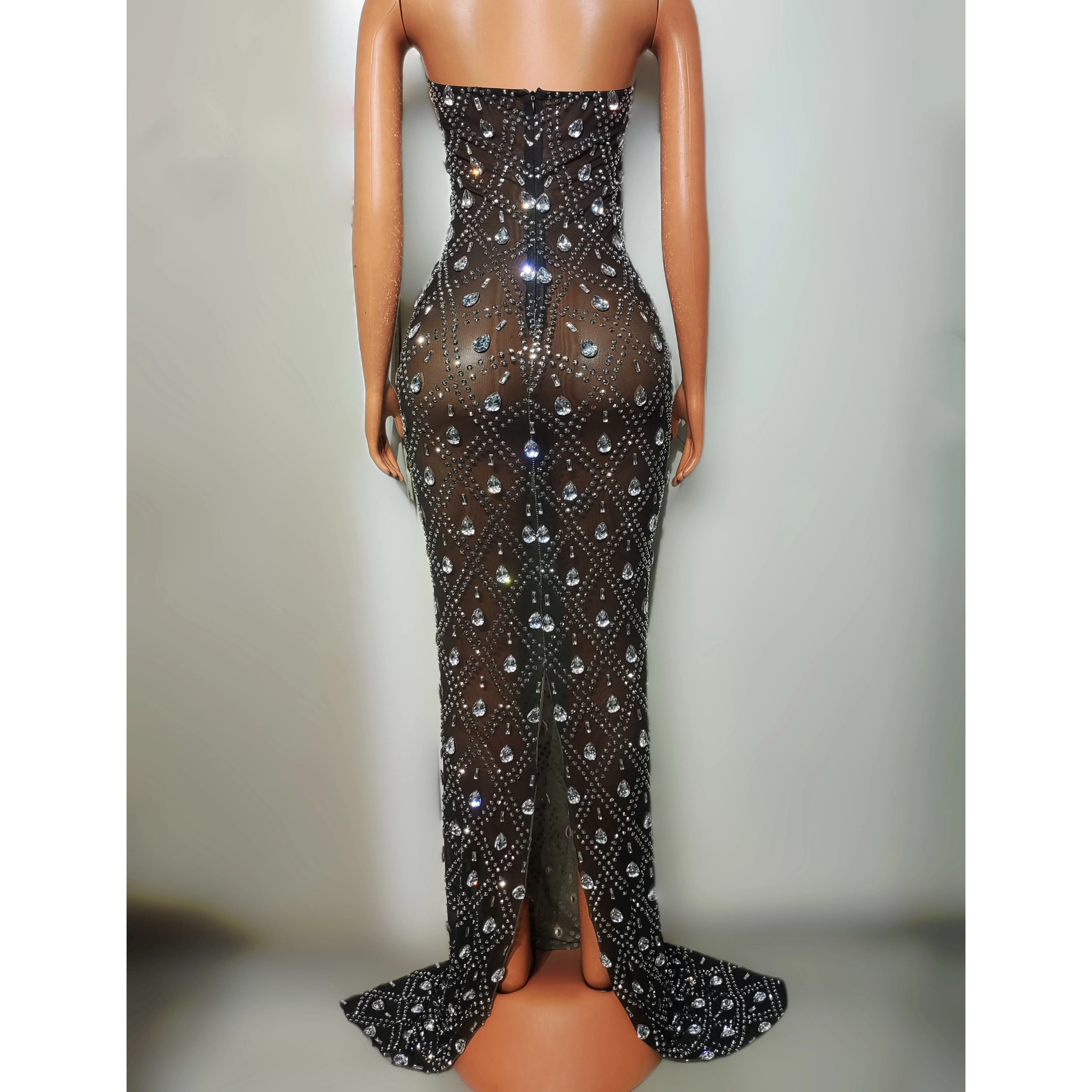 Sexy Rhinestones Evenging Long Mesh Dress Rhinestone Singer Stage Costume Birthday Party Dresses Gogo Dancehall Queen Outfit