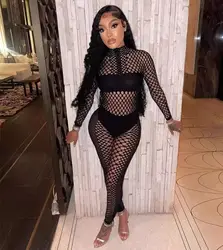 긴 소매 속이 빈 여성 점프 슈트 블랙 섹시한 Bodycon Rompers를 통해 볼 패션 나이트 클럽 파티 여성 오버올 Dropship