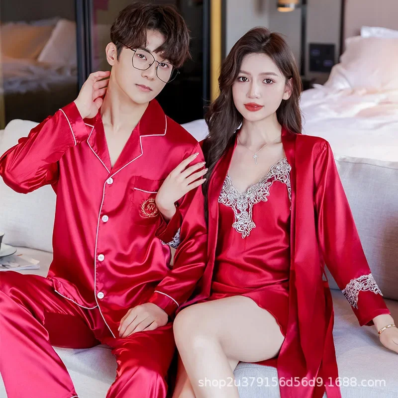 Spring Autumn Couples Pajamas Set Cute Rayon For Women Robe Sets Men Satin Sleepwear Pyjamas Suit Home Clothing Sleep