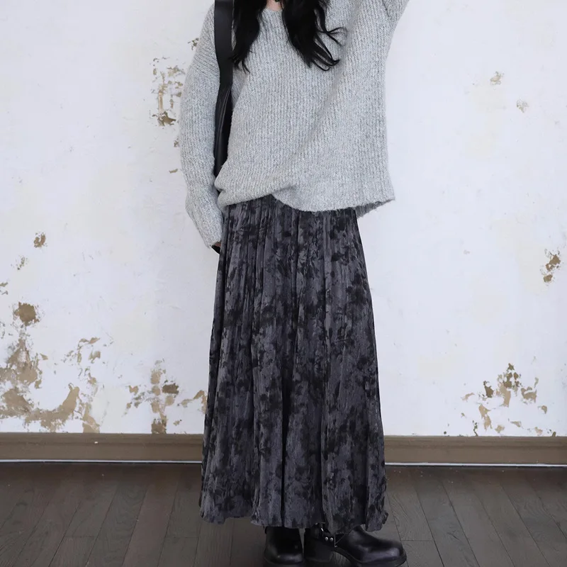 レトロヴィンテージ中国風エンボス加工ベルベット傘スカート女性用秋冬伸縮性ハイウエストロングマキシスカート