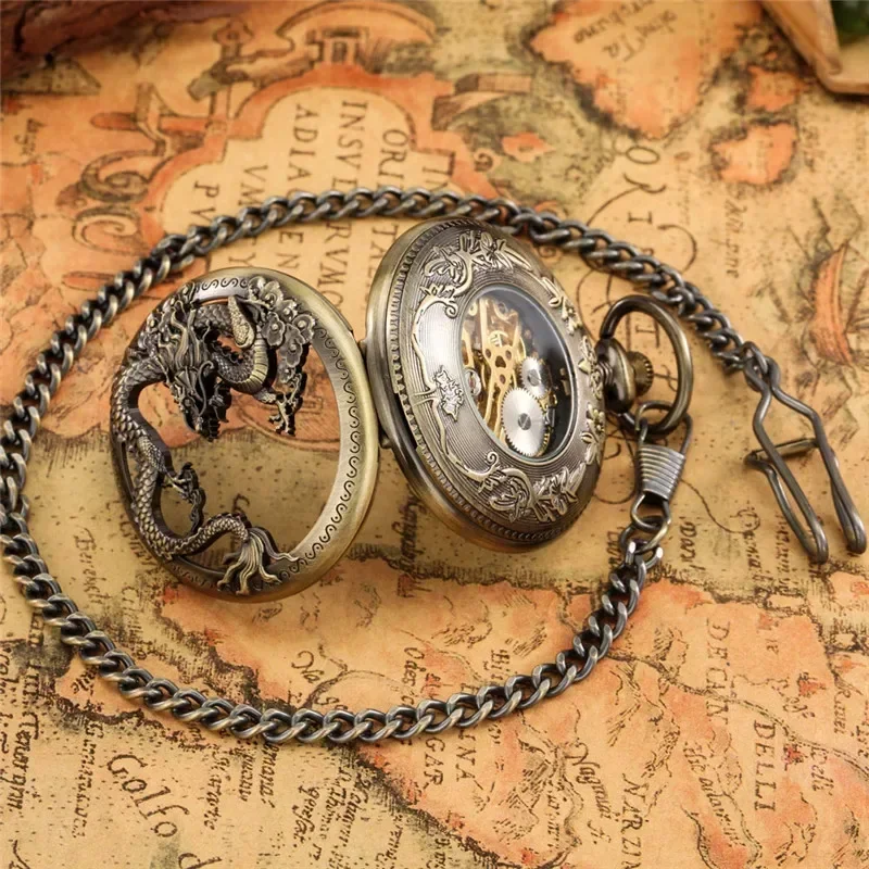 Steampunk Hollow Out Dragon Half Hunter Clock Hand Wind Mechanical Skeleton Pocket Watch for Men Women Pendant Chain Timepiece