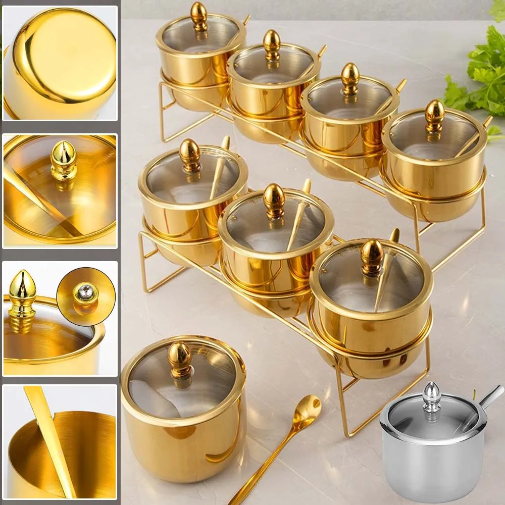 1/3/4Pcs Set Stainless Steel Jars Gold Silver Sugar Bowl with Glass Lid Spoon Coffee Bean Kitchen Organizers for Kitchen Storage