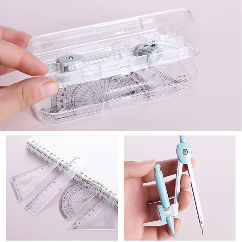 Portable Compass Kit with Protractor Triangles Ruler Mechanical Pencil Eraser