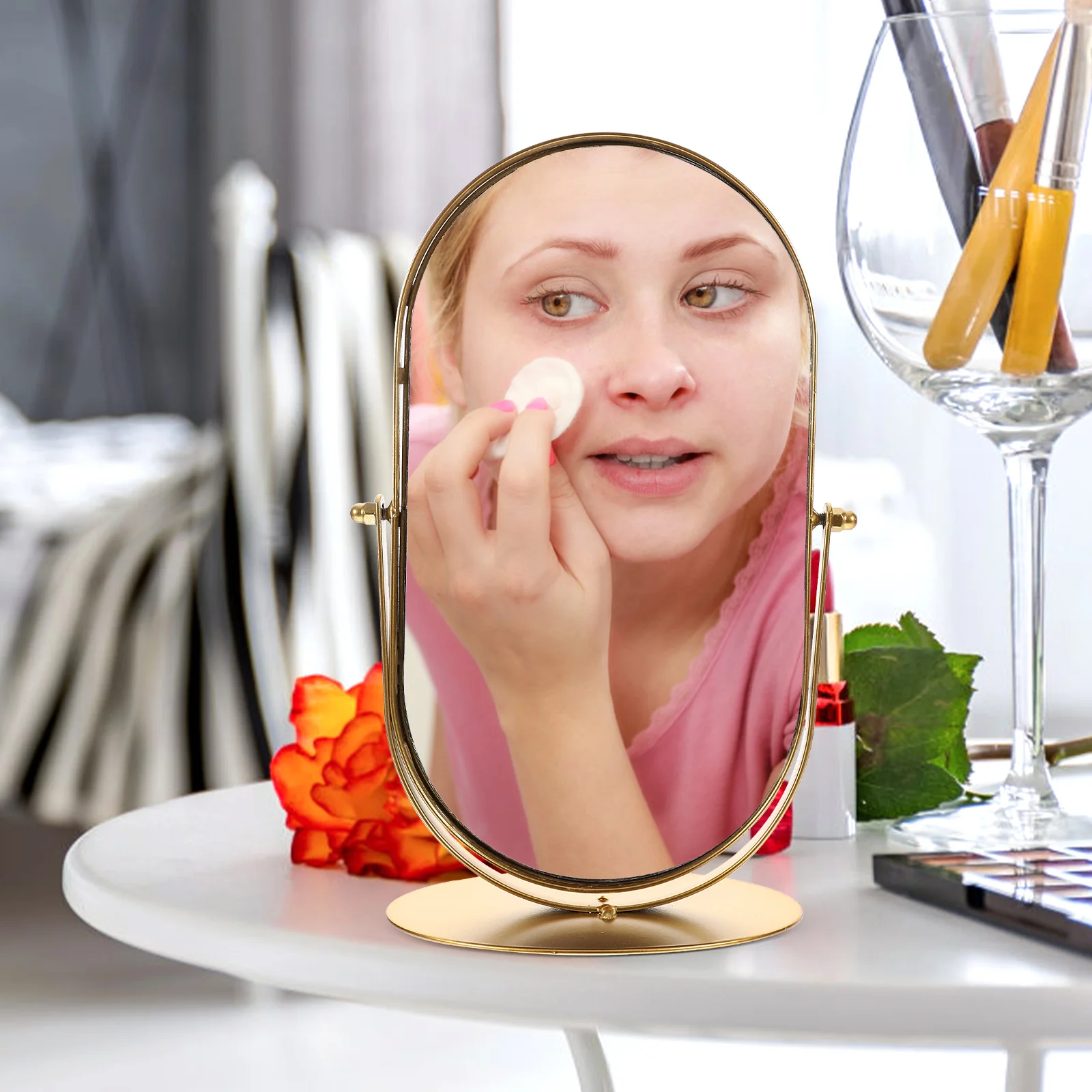 Table de maquillage ronde rétro en métal doré, miroir simple face, table de beauté, bureau, vintage, petit