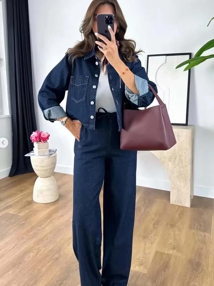 HXAO Set Denim Set Jeans Wanita Denim 2 Potong Set Celana Panjang Wanita Pakaian Jalanan Pakaian Denim Dua Potong Set Jaket Atasan Denim Wanita