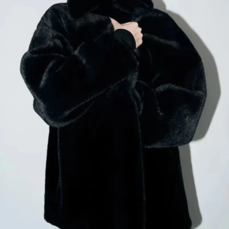 Artificial Fur Effect Long Sleeved Coat with Pockets, Loose Fitting Streetwear, Vintage Collar, Monochromatic, Y2K