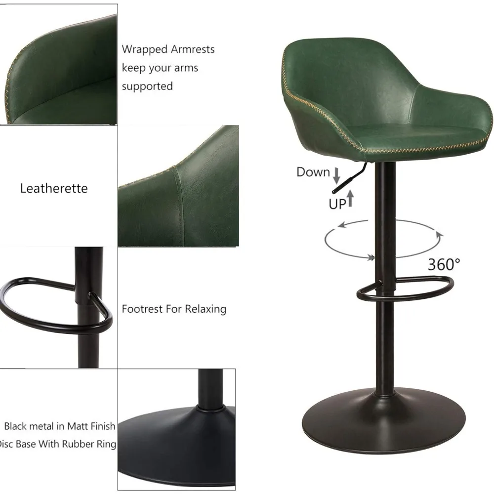 미드 센추리 바 스툴 세트, 빈티지 회전 가죽, 등받이 및 발받침, 조절 가능한 바 의자, 모던 펍 주방, 2 개