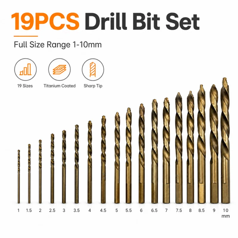 高耐久性19ピース-1-10mm-チタン製ツイストドリルビットキット-滑り止めフラットシャンク-アクリル、軟金属、木材用-diyワークショッププロジェクト用