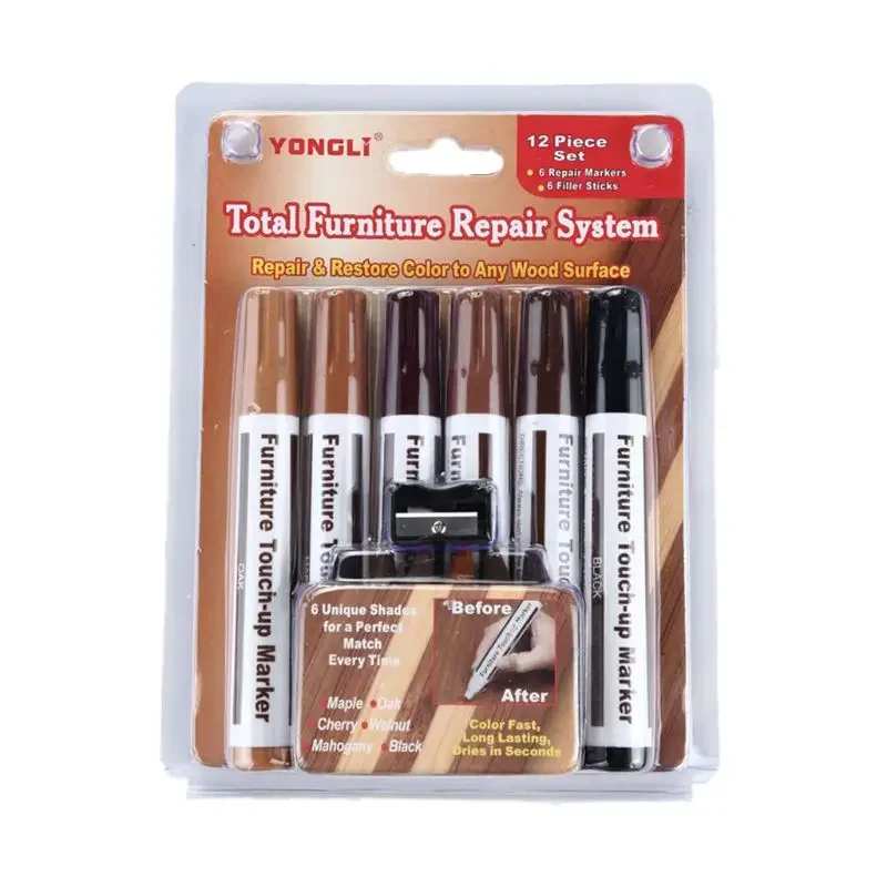 Furniture Repair Kit Wood Markers - Set - Markers and Wax Sticks with Sharpener - for Stains, Scratches, Floors,