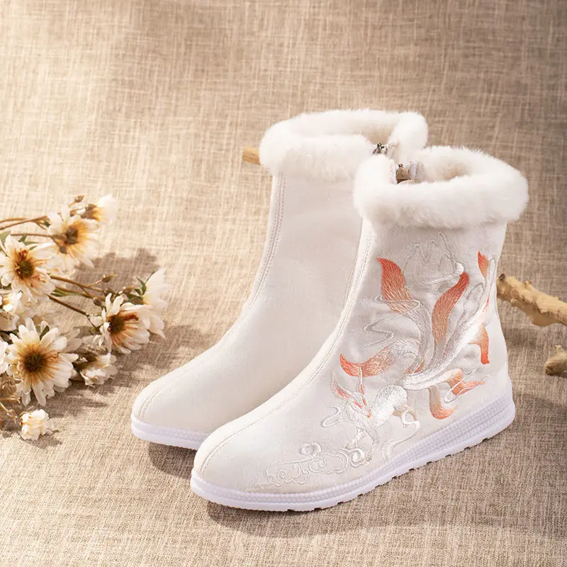 Chinese Hanfu Shoes Princess Women Winter Spring Dance Performance Cotton Zipper Plush Boots Ethnic Style Warm Velvet Embroidery