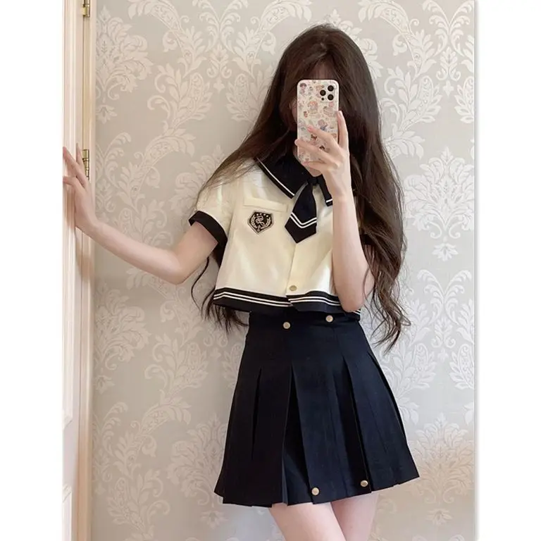 2024 preppy jk uniform striped short-sleeved shirt improved naval collar japan korea style elegant vintage school uniform set