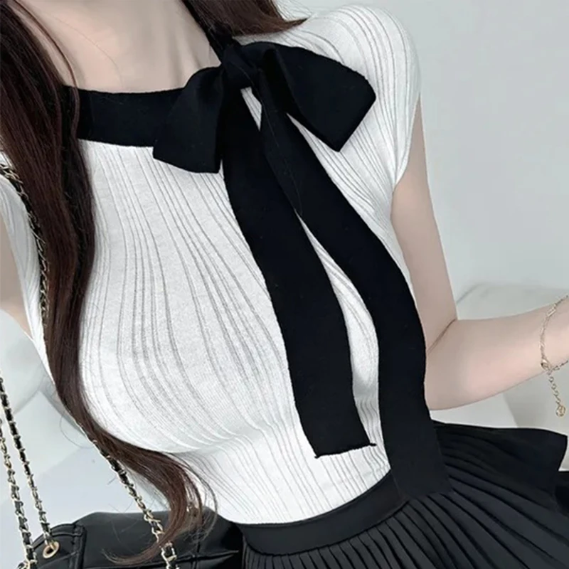 Korean Dongdaemun Slim Fit Sexy Knitted T-shirt Women's Tie-Band Elegant Tee Fashion Versatile Color Blocking Tops Y2k Clothes