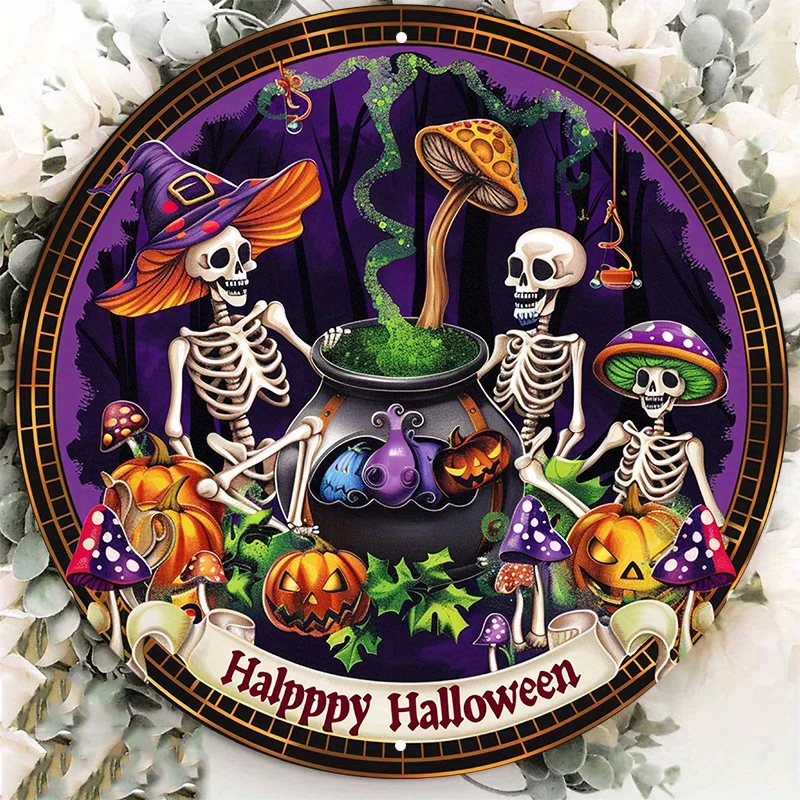 

Halloween Aluminum Metal Sign, Pre-Drilled Round Wall Decor with Skeleton, Cauldron, Pumpkin Graphics for Door, 8x8 in, 1PC