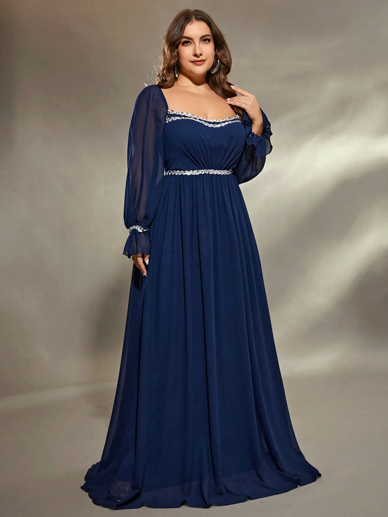 Mgiacy   plus size  Round neck sequin ribbon Trim Shoulders Bubble Long Sleeve waist pleat Chiffon A full Skirt Evening gown