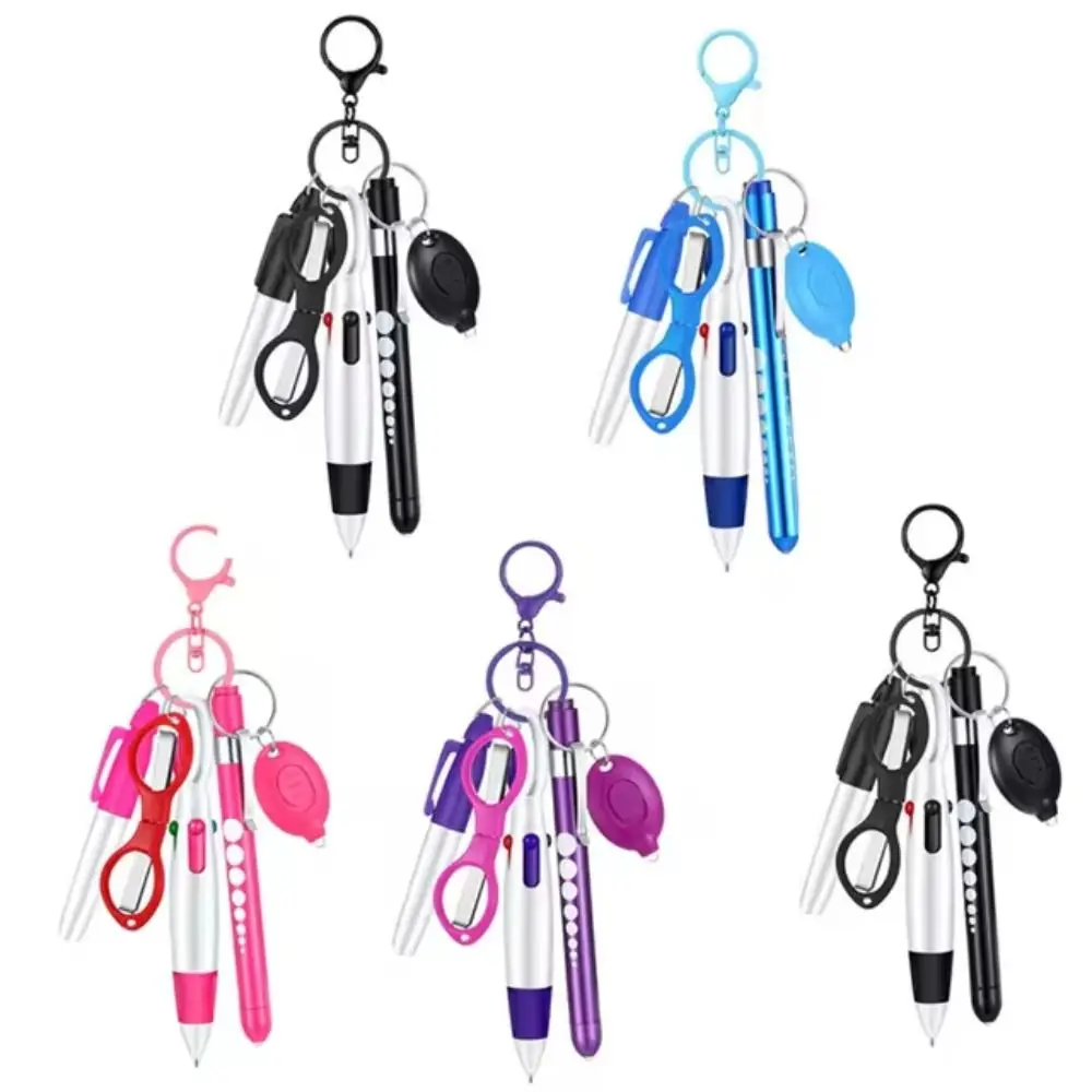 Portable Retractable Ball Pen Set New 6-in-1 Multifunction Ballpoint Pen Keychain Flashlight Foldable Permanent Marker Nurse Pen