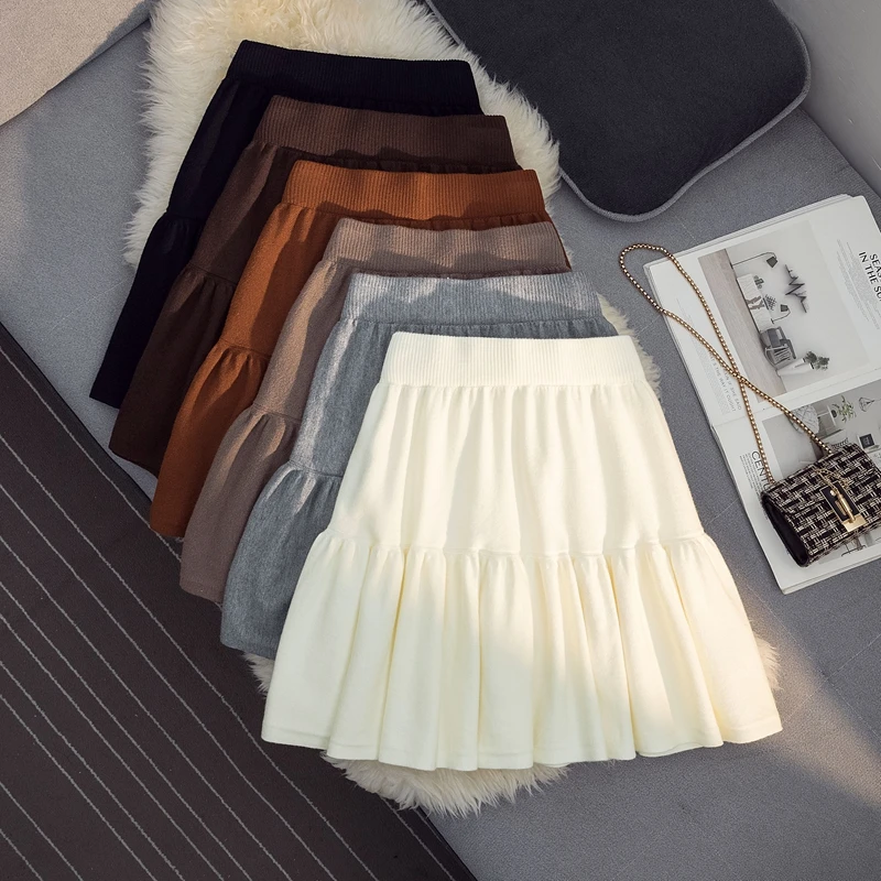 

Autumn/Winter Knitted Mini Skirt Women Casual Loose Splicing Solid Color Short Pleated Skirt