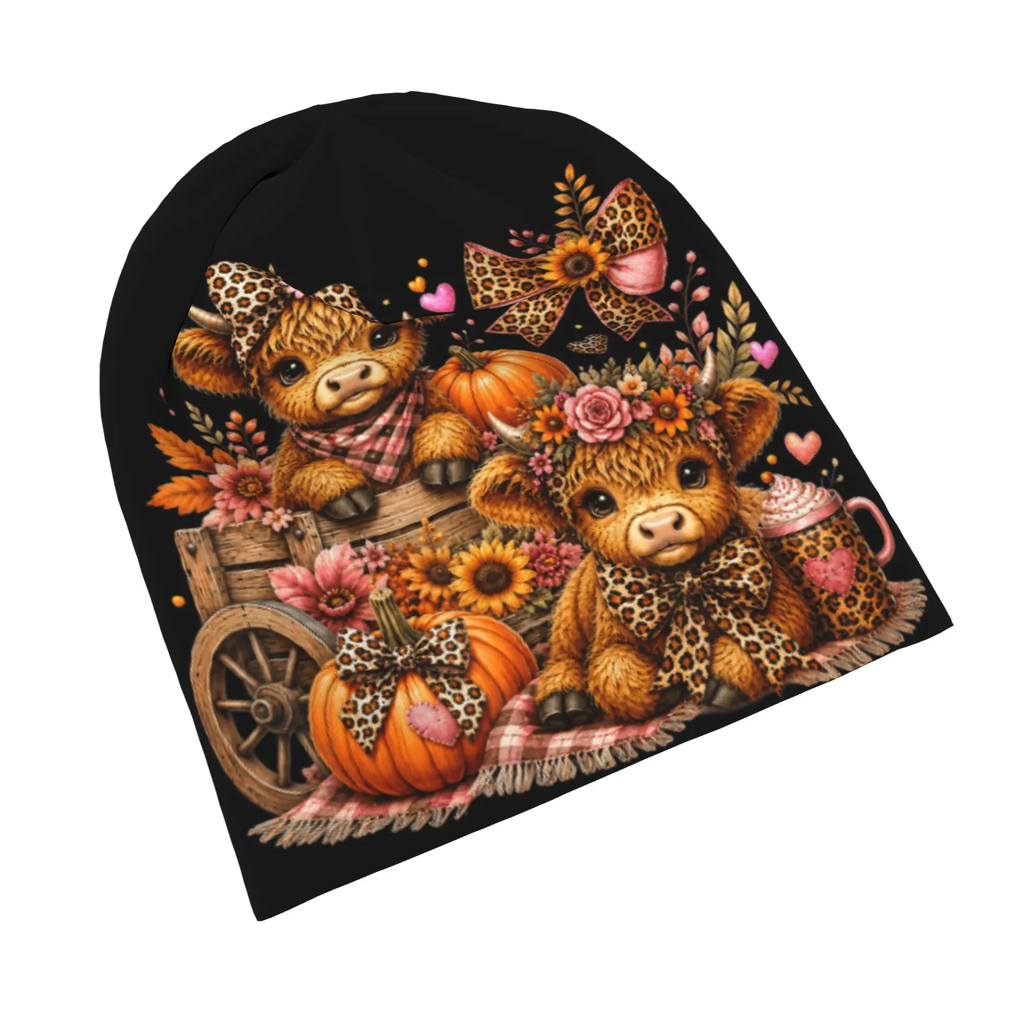 Highland Cow Thanksgiving Pumpkin Bonnet Hats Fashion Street Skullies Beanies Hats  for Men Women Warm Head Wrap Cap