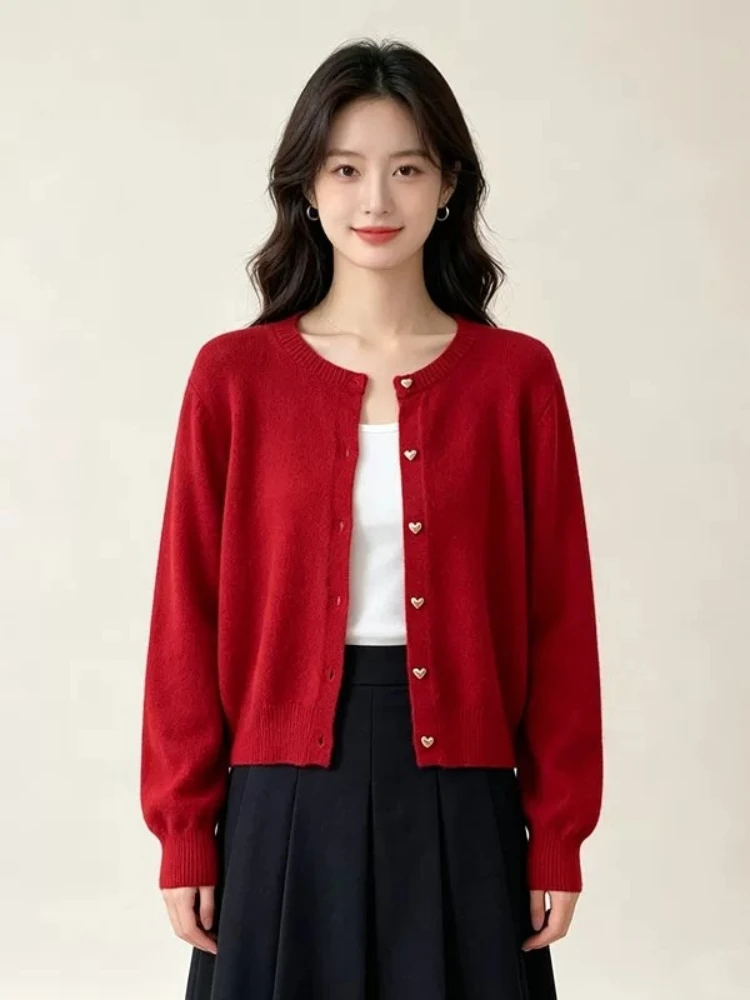 Vintage Heart Gold Buttons Women's Knit Cardigan 2026 Autumn Winter Versatile Long Sleeve Sweater Casual Versatile Outerwear