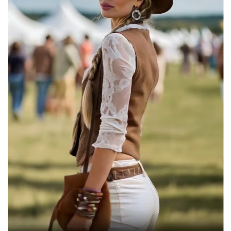 Design Sense Lace Splicing Fake Two-piece Top High Appearance Level Retro Western Style Vest Women's Spring and Autumn New Top