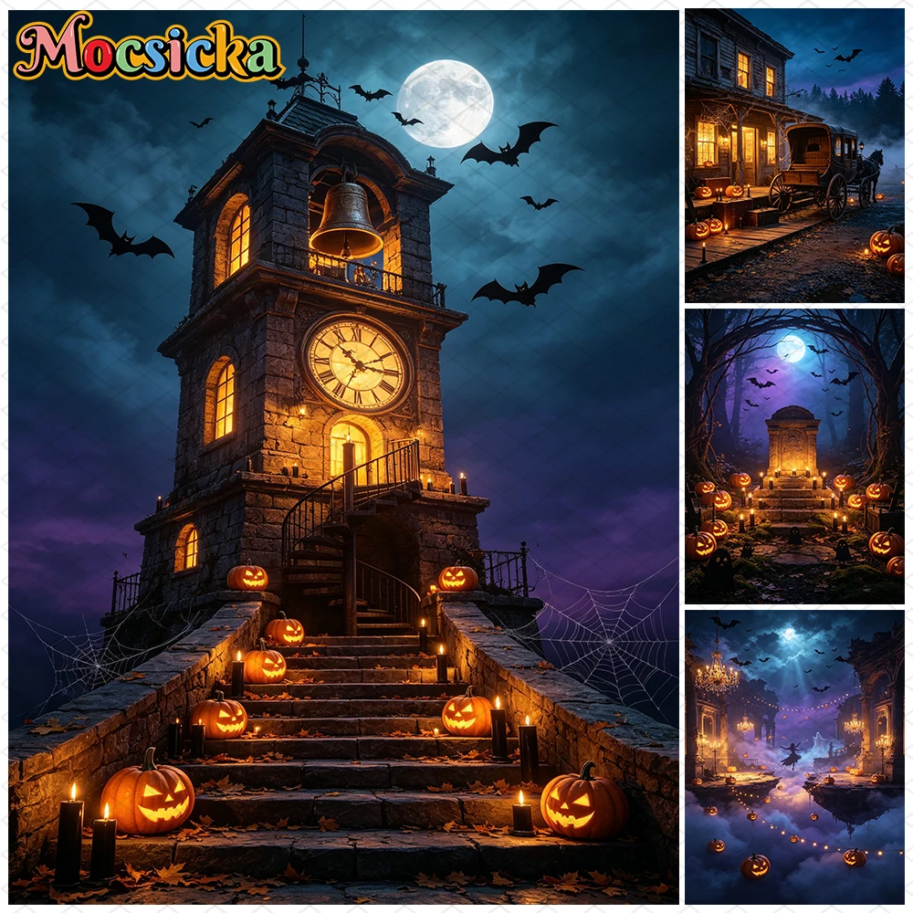Mocsicka Halloween Photography Backdrop Gate Circus Pumpkin Ghost Bell Tower House Background Birthday Party Studio Props Decors
