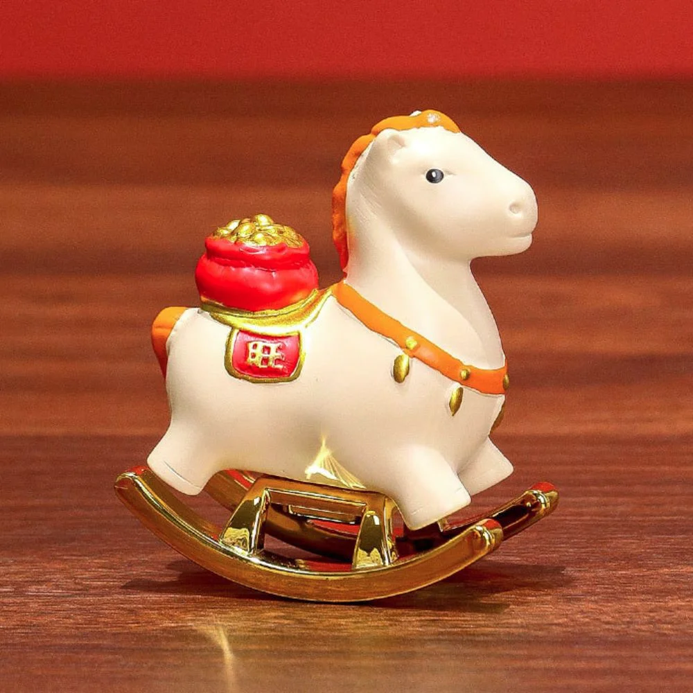 

Resin Year of The Horse Zodiac Ornament Mini Auspicious Rocking Horse Desk Decoration with Blessing Word Horse Mascot Statue