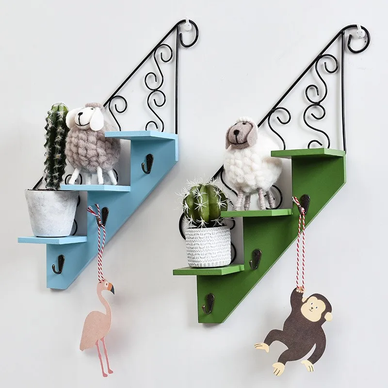 Home Decorative wall shelves Wooden Wall hanging Staircase Storage Rack Hook For Display Bookshelf Ornament Flower Pot