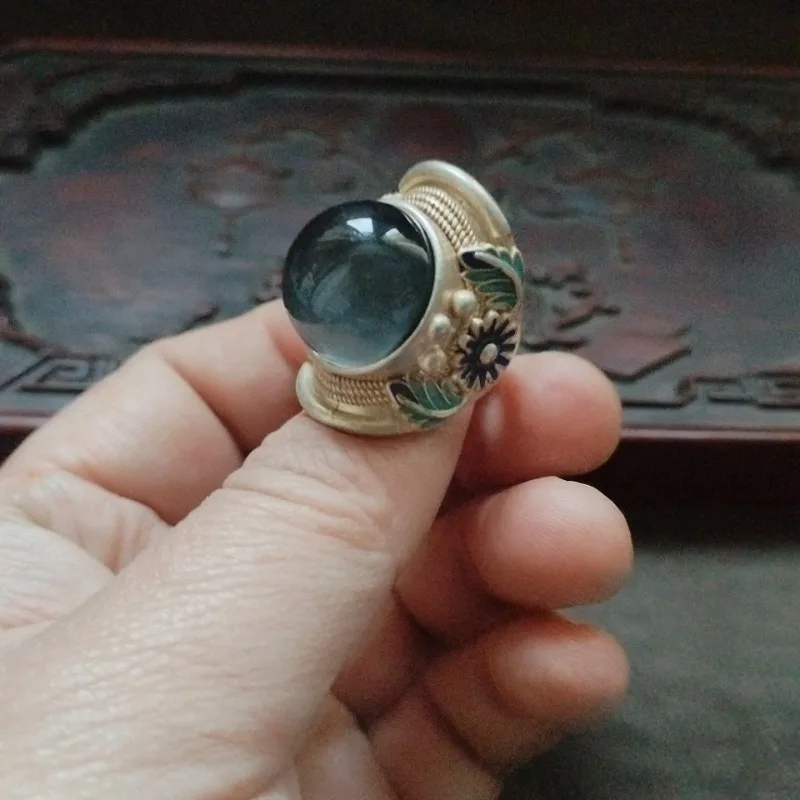 Vintage Ethnic Leaf Enamel Band Ring Round Dome Grey Simulated Gem Oriental Retro Mens Party Finger Jewelry
