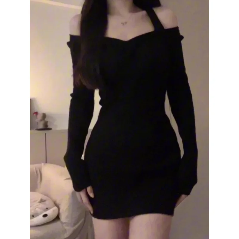 VintagePure Desire Aesthetic Autumn/Winter Mini Dress Black Long Sleeve Tight Fitting Dress2024 New Style Base Dress