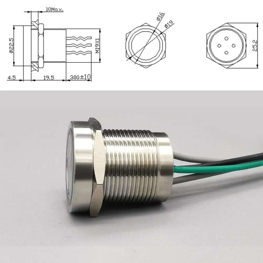 防水ip68ピエゾタッチスイッチ,19mm,青,赤,黄色,12v,24v,LEDライト,ステンレス鋼,プッシュボタン