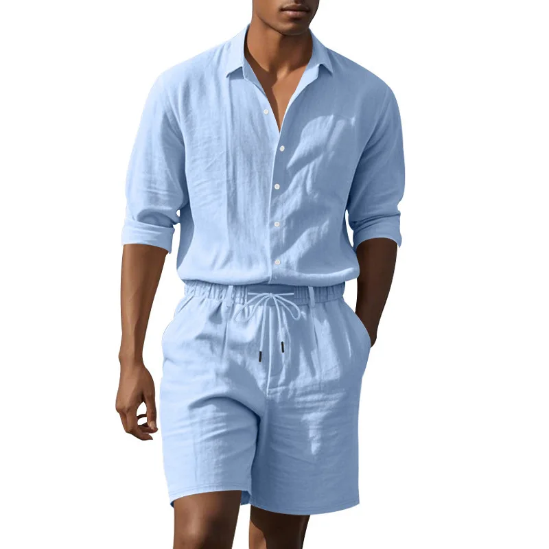 Men's Summer Linen Two-Piece Long Sleeve Shirt Shorts Set Standard Fit Bright Thread Velvet Process Citywalk Suitable Youth C...