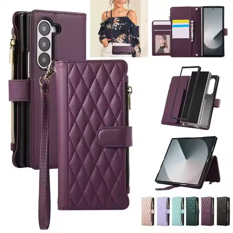 Zipper Wallet Flip Leather Phone Case For Samsung Galaxy Z Fold 6 5 4 3 S25 Ultra S24 FE S23 Plus S22 S21 S20 Multi Card Cover