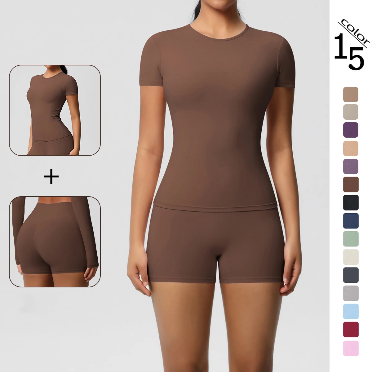 Summer Woman Gym Set Sports Running Solid Color Sports Top T-Shirt Breathable Hip-lifting Women's Shorts Yoga Set
