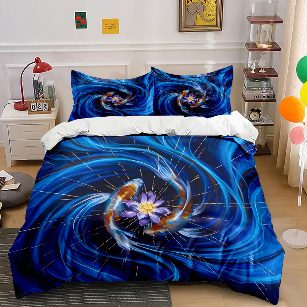 Blue Streams with Lotus and Koi Print Bedding Set 1 Duvet Cover 2 Pillowcases for Adult and Children Luxury Gift Full Size