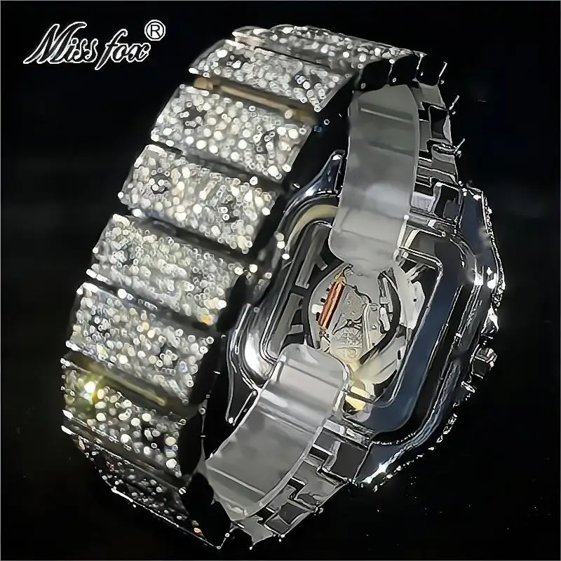 Fashion Brand MISSFOX Luxury Gold Watches Mens Hip Hop Iced Diamond Quartz Clock Waterproof Square AAA WristWatch Reloj 2023 Hot