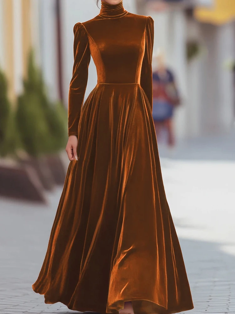 Langärmliges, schlichtes, elegantes Urlaubskleid, Damen-Herbst-Winter-Maxikleid mit halbhohem Kragen, solides Patchwork-Damenkleid