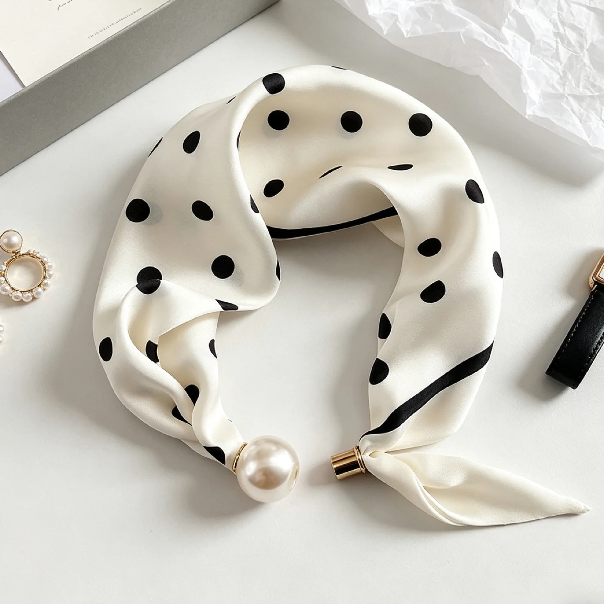Luxuriöser dünner Sommer-Seidenschal für Damen mit Perlen, magnetischer Schnalle, eleganter Halstuch für Mädchen mit süßem Anhänger und Schlüsselbeinkette – Detail 15