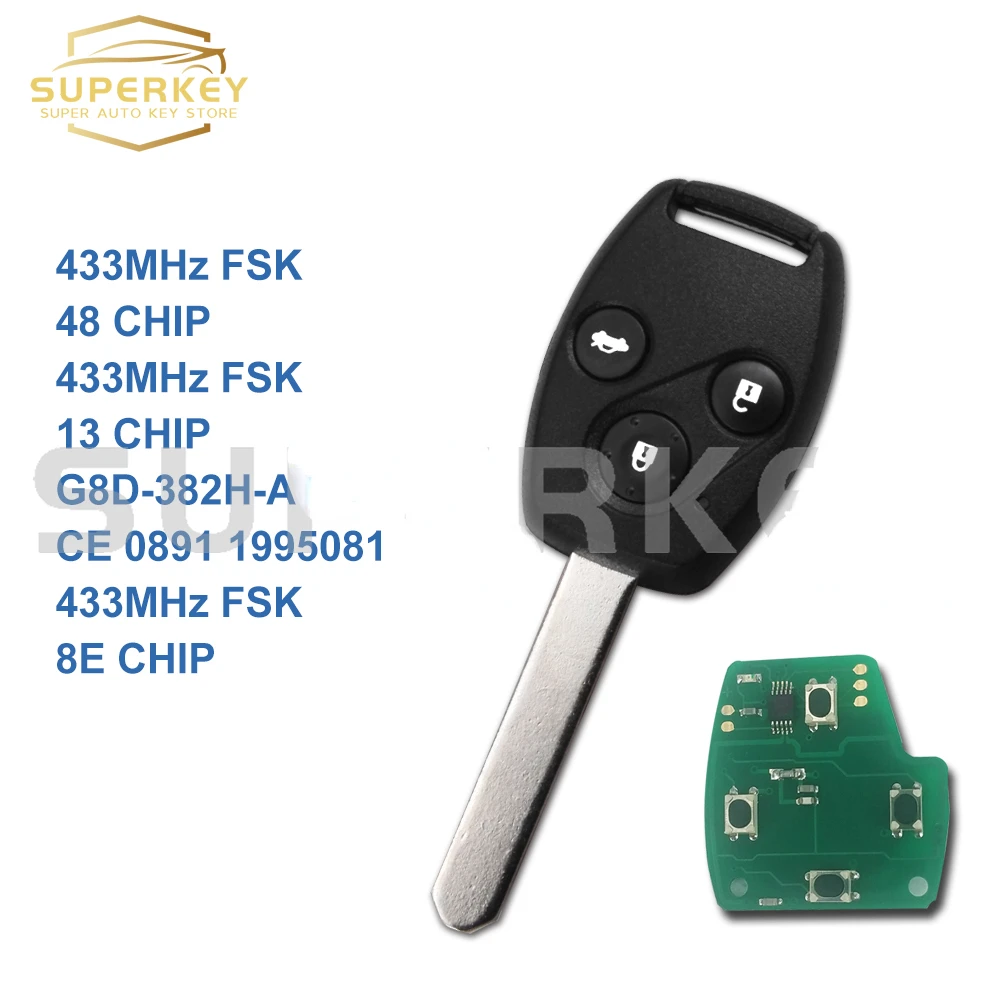 SUPERKEY 3 przyciski zdalnego klucz samochodowy 433Mhz dla Honda Accord CRV 2001 2002 2003 2004 2005 2006 2007 2008 Fit z 48 13 8E układu