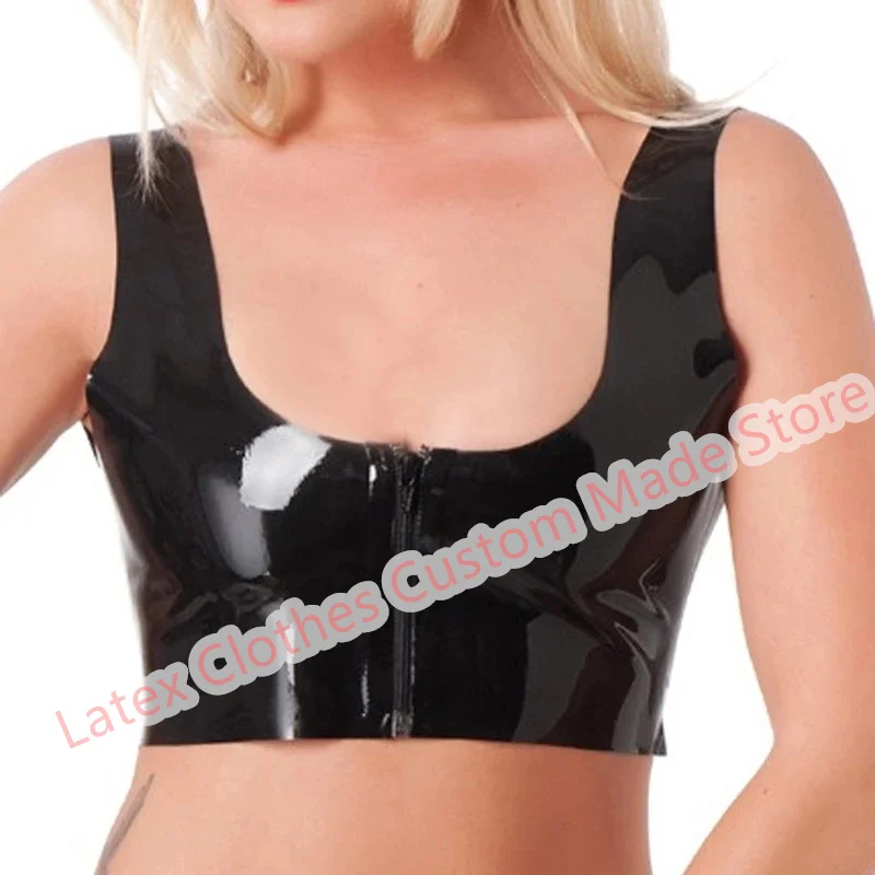 

Handmade Latex Vest Top Rubber Suit Sexy Lingerie for Women Cosplay Costumes Front Zip Black