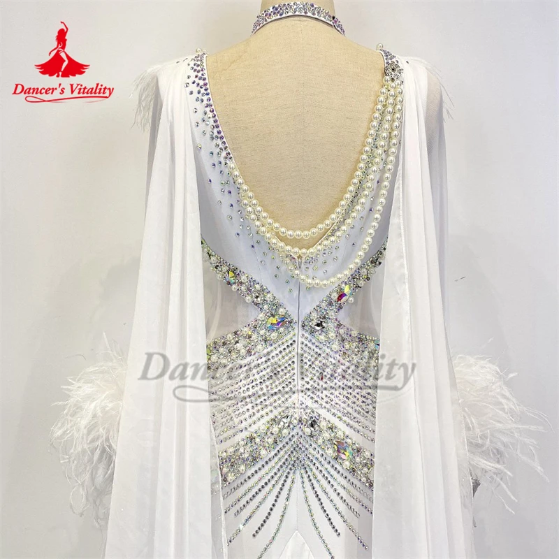 성인 탱고 포크스트롯 국제 챔피언십 진주 실크 원단 깃털 스타일 드레스 고급 맞춤형 댄서의 활력