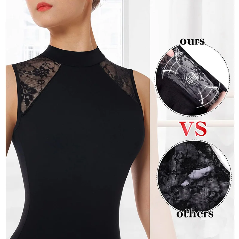 Women's Mock Neck Lace Ballet Dance Leotard for Adult Gymnastics Tank Tops with Water-drop Back and Soft Lining Dance Leotards