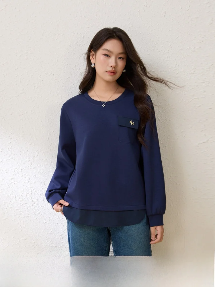 

Lazy Feeling Sweatirt Casual round Ne Splice Hem Large Size Women's Spring Faion New Arrival Comfortable Cotton Blend