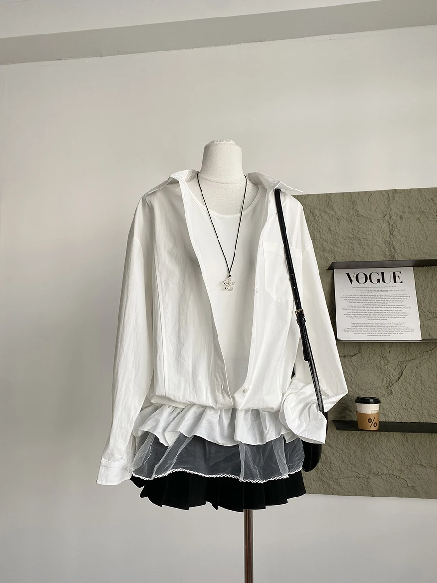 

Весна 2026: Модная женская рубашка в корейском стиле, свободного кроя, с кружевной отделкой, стройнящая, с длинным рукавом, из полиэстера, универсальный топ