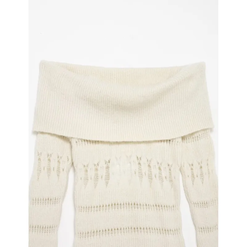 Frühling Frauen Pullover mit Durchbrochene weg von der Schulter Stricken Casual Weibliche Pullover Lange Ärmel Ausgestelltes Saum Weibliche Chic Tops