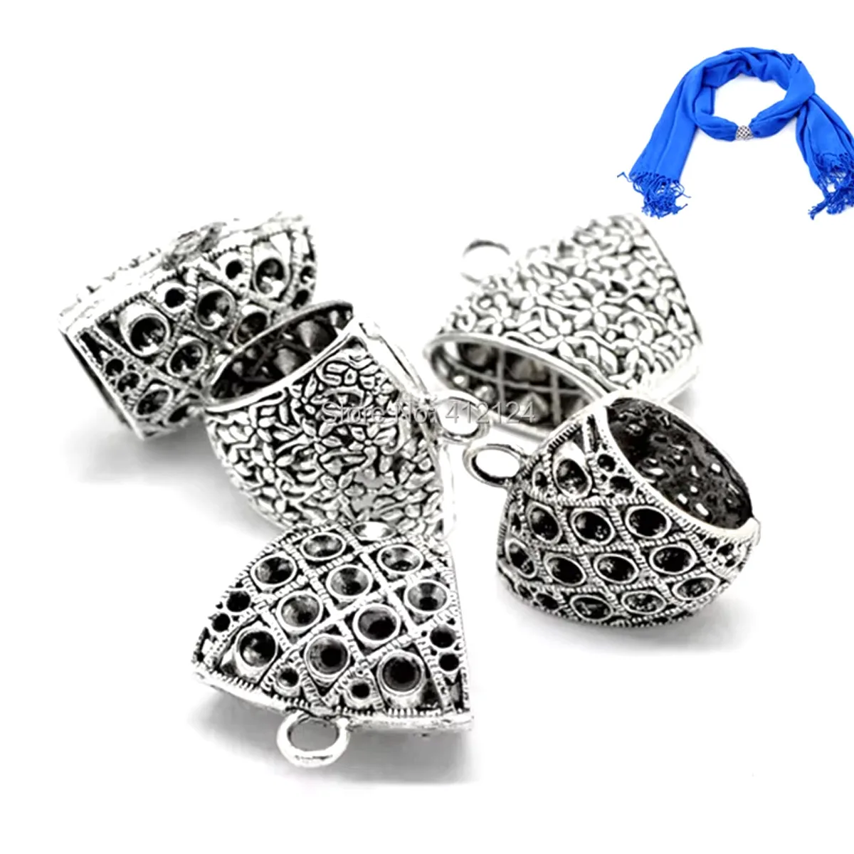 10Pcs Silver Tone Pattern Carved Bail Beads For Wrap Scarf Jewelry Findings 4x3.8cm